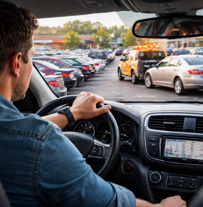 Commercial Property parking management services Dallas Texas Towaway Man looking for parking spot at the mall
